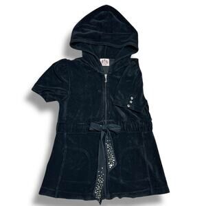 Juicy Couture Y2K Terry Cloth Zip Hoodie Tunic Black Swarovski Crystal Tie Sz S